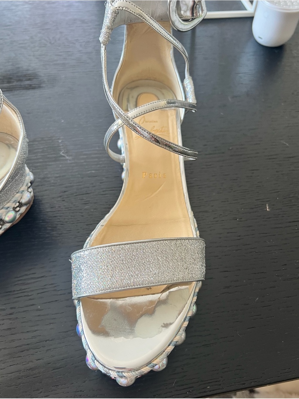 Christian Louboutin Silver Beaded Platform Sandals.